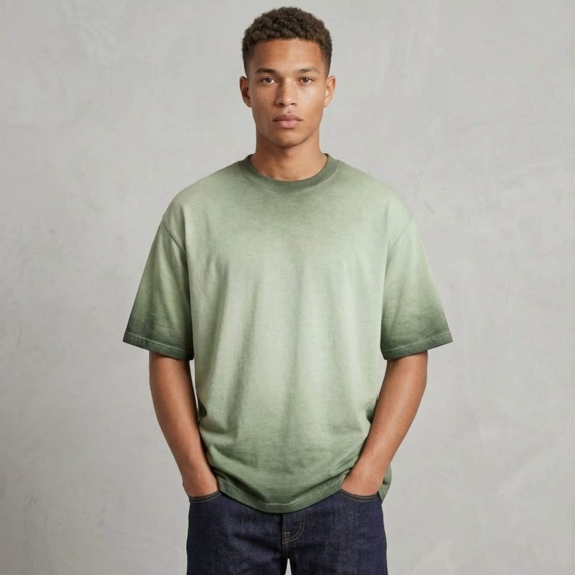 wingslabel plain oversized sun faded green tshirt half front pose.jpg wingslabel plain oversized sun faded green tshirt half front pose.jpg